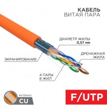 Витая пара FTP  4PR  23AWG  CAT6  305м ZH нг(А)-HF Cu Premium цвет  оранж.  01-0151  REXANT