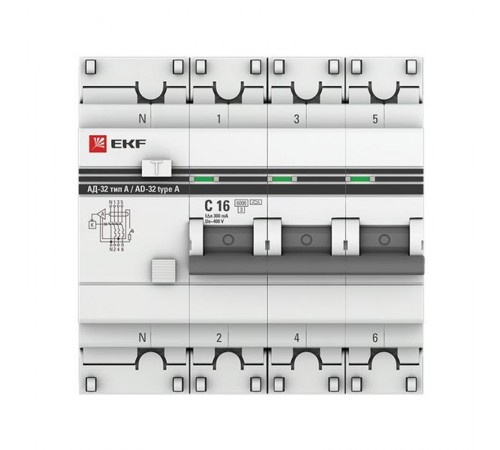 Выключатель автоматический дифференциальный АД-32 3P+N 16А/300мА (характеристика C, A, электрон., защита 270В) 6кА PROxima DA32-6-16-300-4P-a-pro  E
