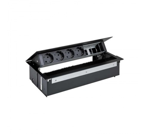 Simon S400 Врезной розеточный блок с крышкой, ввод щетка, 4x2P+E, 2 пустых модуля, черный, Simon 400  44604000-138  Simon