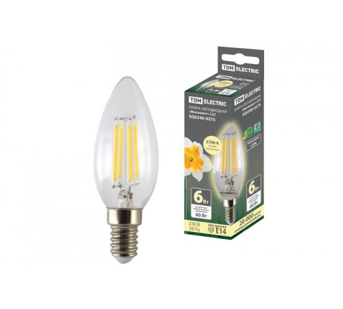 Лампа светодиодная свеча "Филамент" С37-6 Вт-230 В-2700 К-E14 TDM  SQ0340-0275  TDM