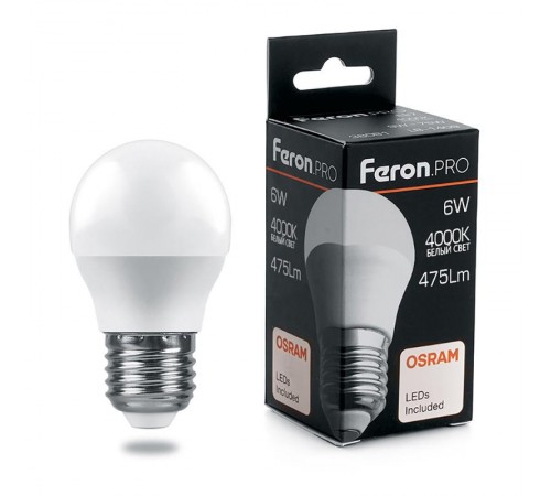 Лампа светодиодная .PRO LB-1406 Шарик E27 6W 4000K OSRAM LED  38069  Feron