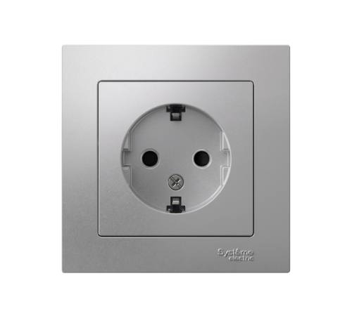 AtlasDesign Алюминий Розетка с заземлением со шторками, 16А, (в сборе с рамкой)  ATN000344  SE