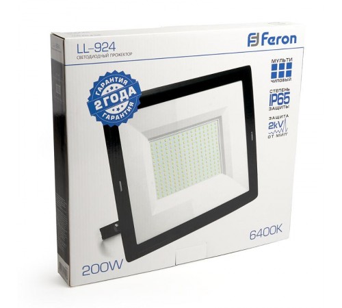 Прожектор светодиодный LL-924 200W 6400K IP65 AC220V/50Hz, черный 346*439*56 мм  29499  Feron