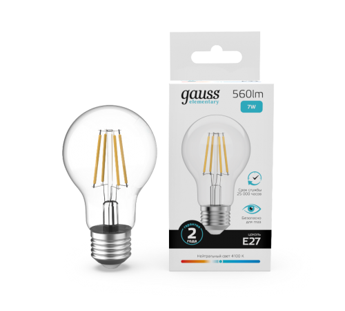 Лампа светодиодная   Filament Elementary А60 7W 560lm 4100К Е27 LED 1/10/50  22227  Gauss