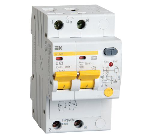 Выключатель автоматический дифференциального тока АД12М 2п 63А C 30мА тип A (3 мод)  MAD12-2-063-C-030  IEK