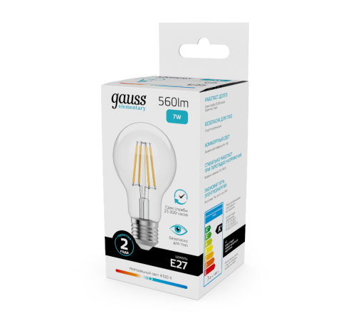 Лампа светодиодная   Filament Elementary А60 7W 560lm 4100К Е27 LED 1/10/50  22227  Gauss