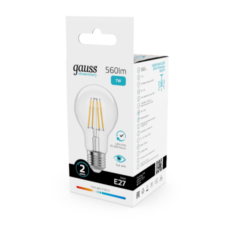 Лампа светодиодная   Filament Elementary А60 7W 560lm 4100К Е27 LED 1/10/50  22227  Gauss