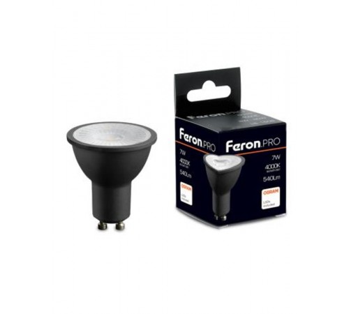 Лампа светодиодная, (7W) 230V GU10 4000K MR16 в черном корпусе с линзой 38 градусов, LB-1607  48955  FERON