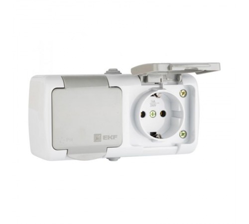 Мурманск Розетка 2-местная 16А с заземлением с крышкой IP54 серый с защитными шторками EKF  EFR16-129-30-54  EKF