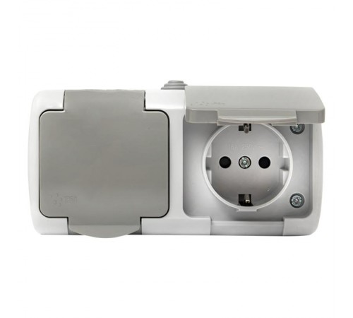 Мурманск Розетка 2-местная 16А с заземлением с крышкой IP54 серый с защитными шторками EKF  EFR16-129-30-54  EKF